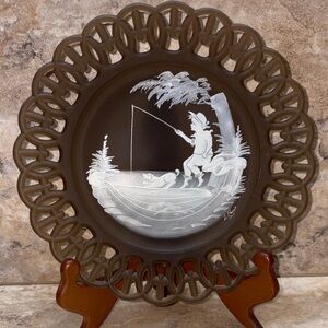Westmoreland Brown Glass Mary Gregory Plate Hand Painted Boy Fishing With w/ dog